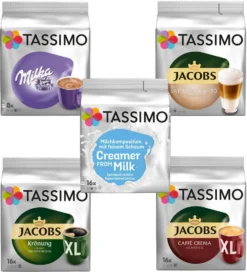 TASSIMO Creamy- Kaffee Paket Jacobs Krönung Crema Milka 5 Packungen 64 Portionen