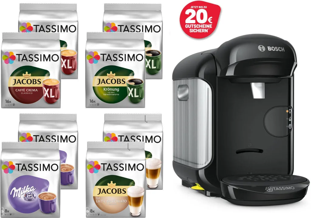 TASSIMO Kapseln Aktions-Paket 8 Packungen (4 Sorten) + Vivy 2 Schwarz Gratis 1 TASSIMO Kapseln Aktions-Paket 8 Packungen (4 Sorten) + Vivy 2 Schwarz Gratis