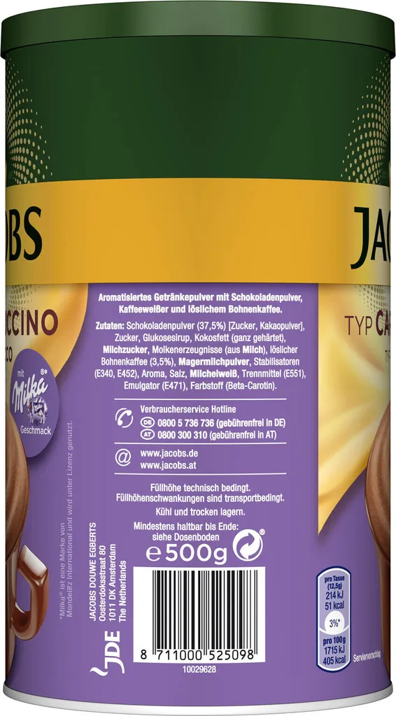 JACOBS Typ Choco Cappuccino 6 X 500 G Dosen Instantkaffee Mit Milka-Geschmack 4 JACOBS Typ Choco Cappuccino 6 X 500 G Dosen Instantkaffee Mit Milka-Geschmack – Bild 4