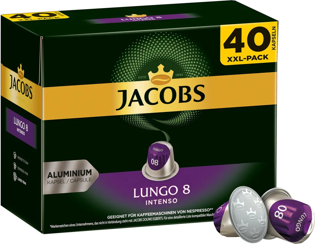 JACOBS Kapseln Nespresso®* Kompatibel 2 X 40 Lungo 8 Intenso + 2 X 40 Espresso 10 Intenso XXL-Pack - Insgesamt 160 Getränke 1 JACOBS Kapseln Nespresso®* Kompatibel 2 X 40 Lungo 8 Intenso + 2 X 40 Espresso 10 Intenso XXL-Pack - Insgesamt 160 Getränke