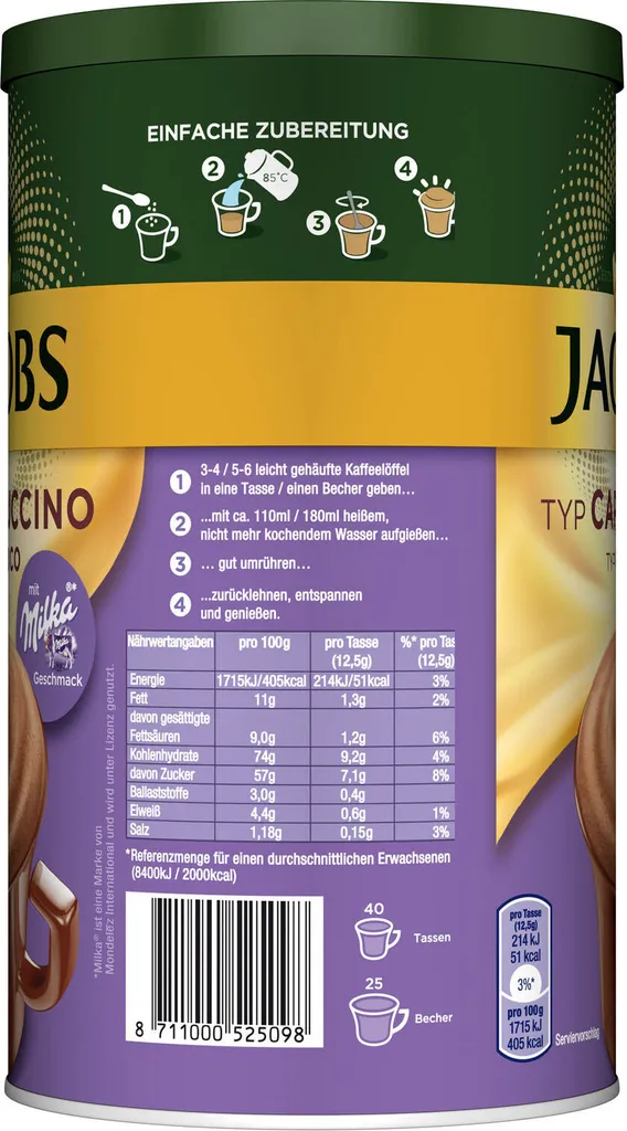 JACOBS Typ Choco Cappuccino 6 X 500 G Dosen Instantkaffee Mit Milka-Geschmack 3 JACOBS Typ Choco Cappuccino 6 X 500 G Dosen Instantkaffee Mit Milka-Geschmack – Bild 3