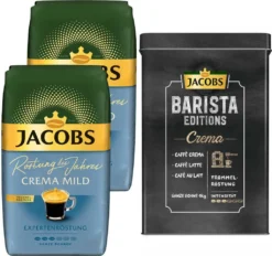 JACOBS Kaffeebohnen Expertenröstung Crema Mild Röstung Des Jahres 2 X 1 Kg + 1 Aluminium Dose Barista Design