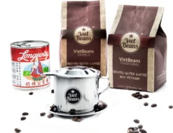 Vietnamesisches Kaffee-Starterset VietBeans Gemahlen - 2 X 250g Gemahlener Röstkaffee + Filter (Phin) + Gez. Kondensmilch -AromaKaffee Angebote Store d7181f7d2ef11274d0cc4f39fc4f87b5