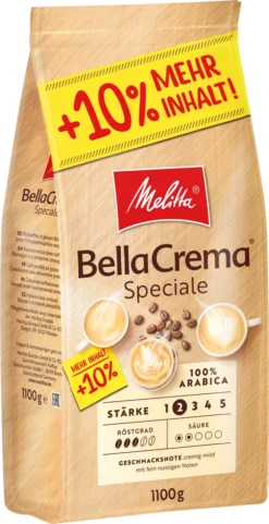 MELITTA Ganze Kaffeebohnen BellaCrema Speciale 1100g Milder Geschmack Stärke 2