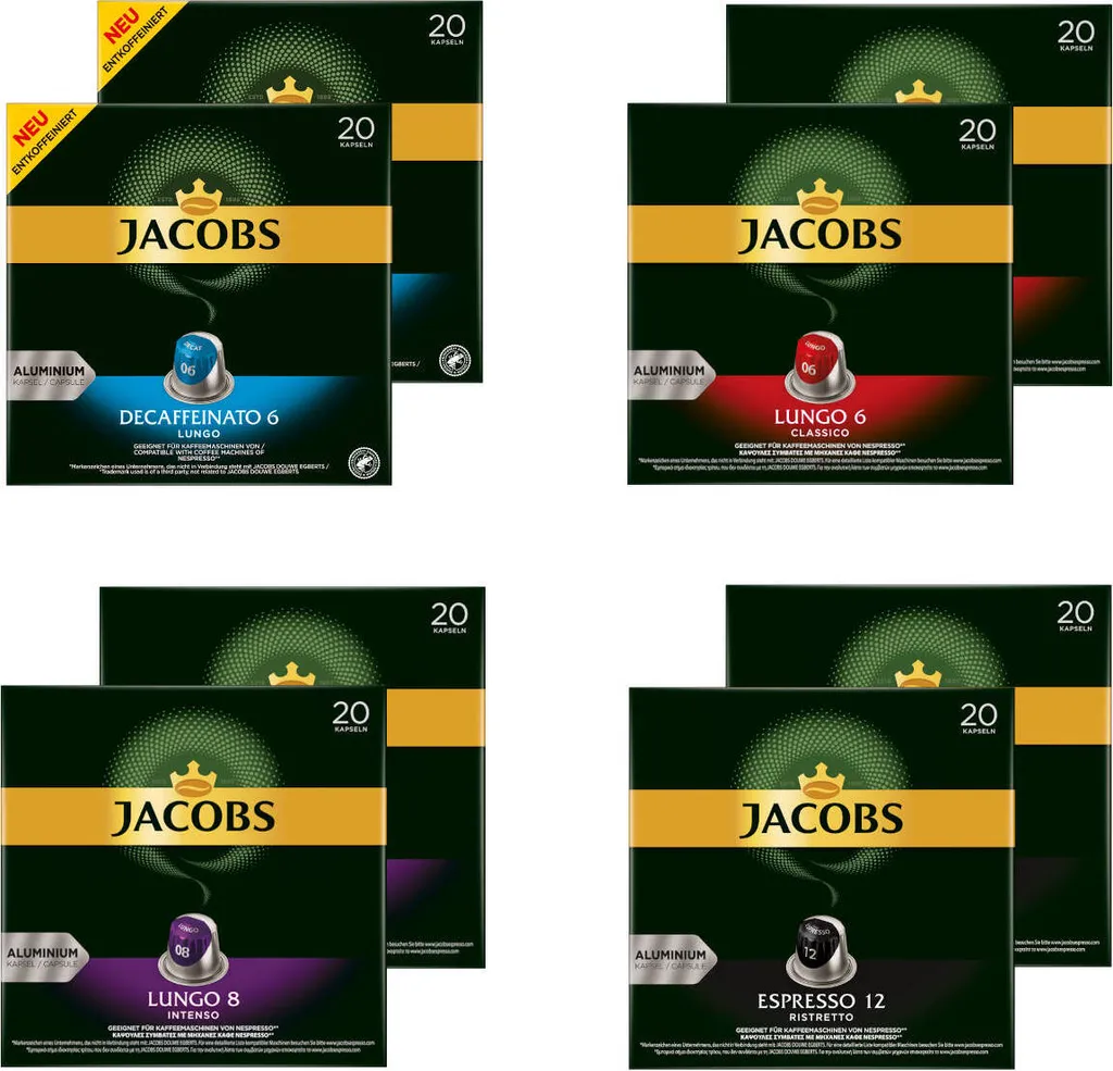 JACOBS Kapseln Nespresso®* Kompatibel Je 20 Kapseln Lungo 6 Classico + Decaffeinato 6 Lungo + Lungo 8 Intenso + Espresso 12 Ristretto - Insgesamt 160 Getränke 1 JACOBS Kapseln Nespresso®* Kompatibel Je 20 Kapseln Lungo 6 Classico + Decaffeinato 6 Lungo + Lungo 8 Intenso + Espresso 12 Ristretto - Insgesamt 160 Getränke